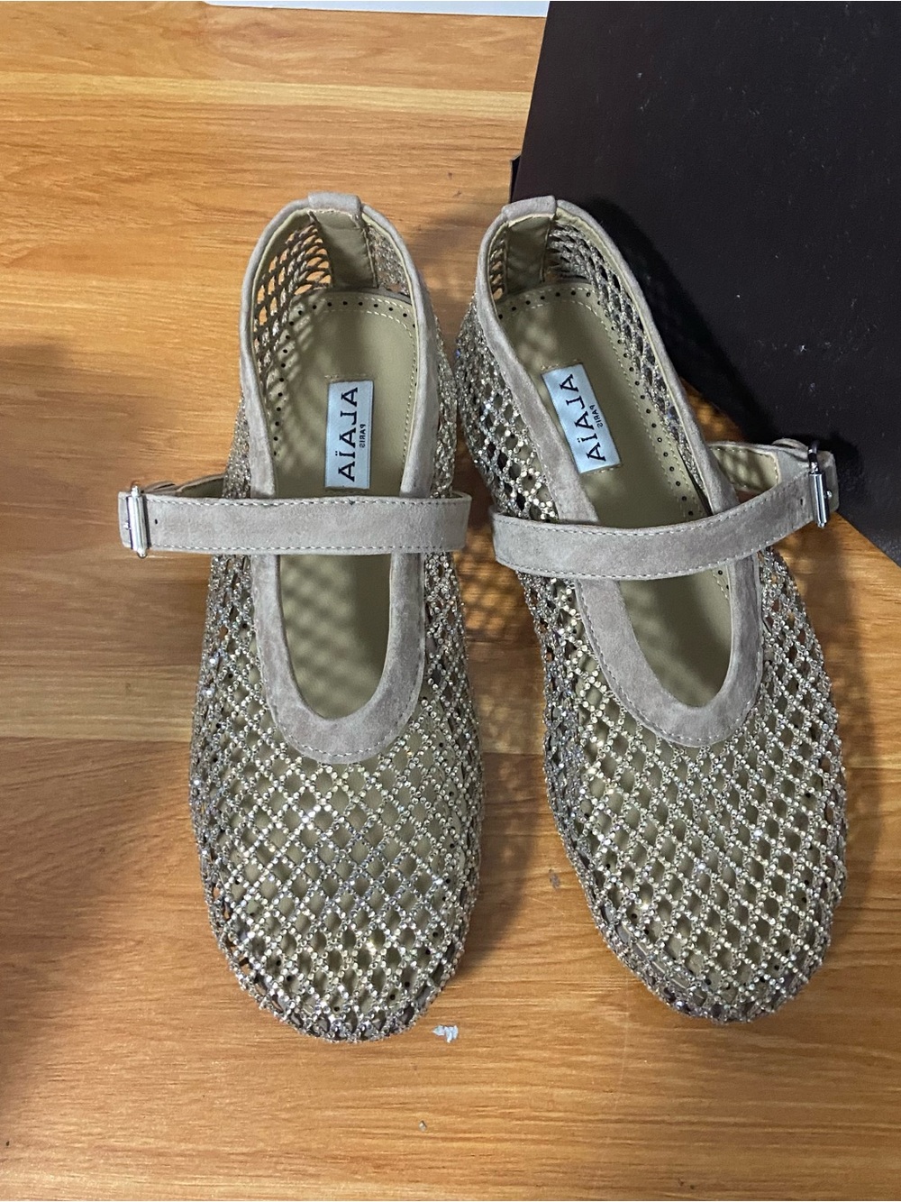 Alaia Beige Crystal Mesh Mary Jane Flats